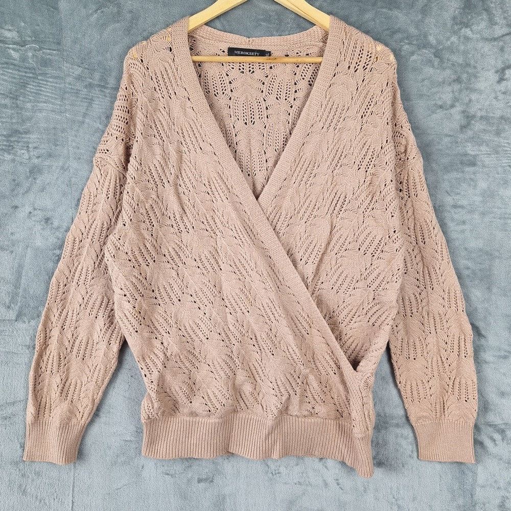 Womens Sweater XL Brown Wrap Crochet Cottagecore Cable Knit Cozy Boho Pullover